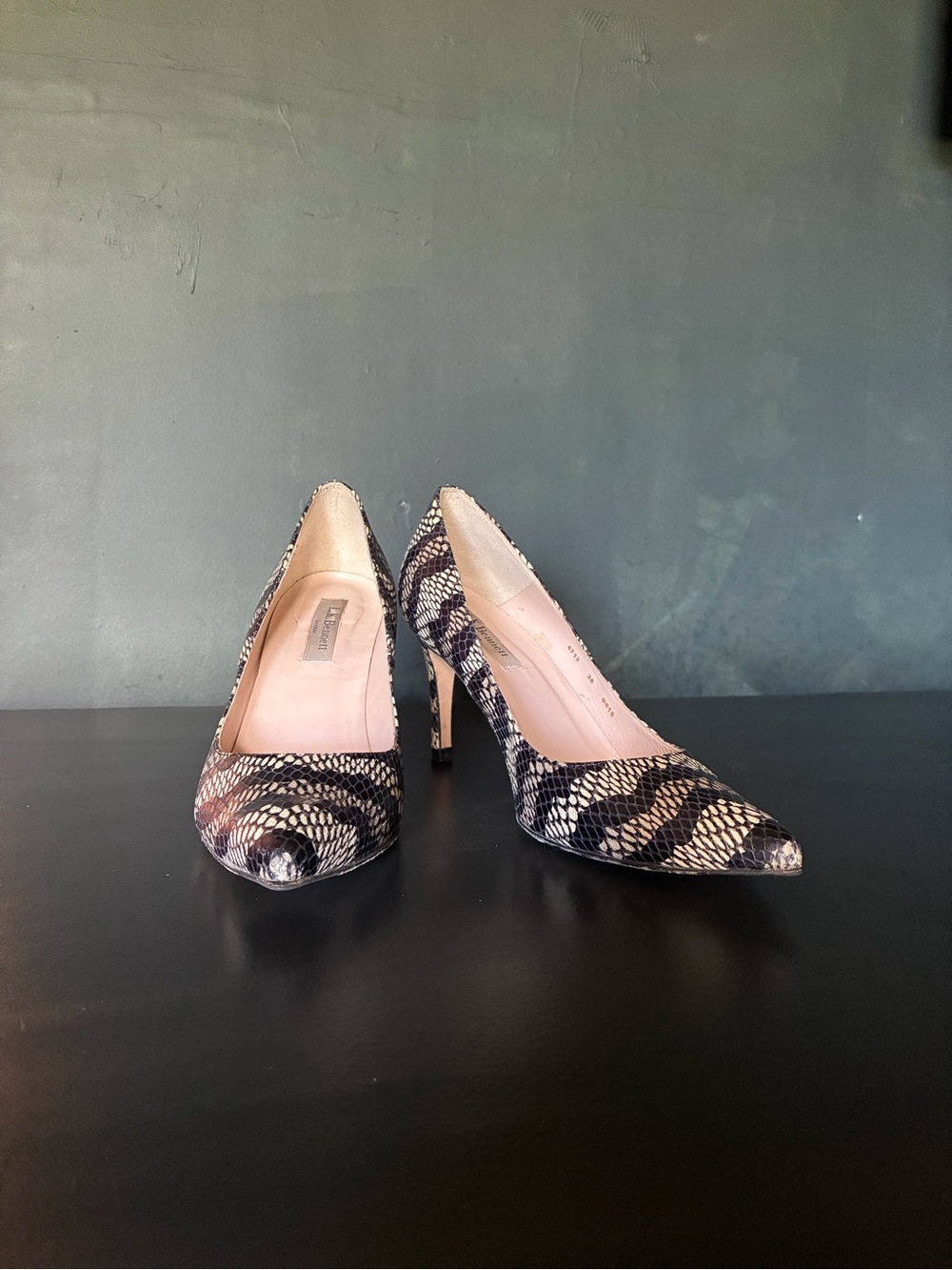 LK Bennett Snake-Print Pointed Stiletto Heels - Black & Cream